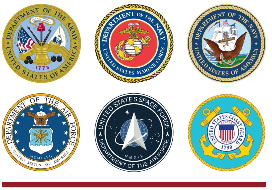 The official seals of the six branches of the U.S. Armed Forces: Army, Marine Corps, Navy, Air Force, Space Force, and Coast Guard.